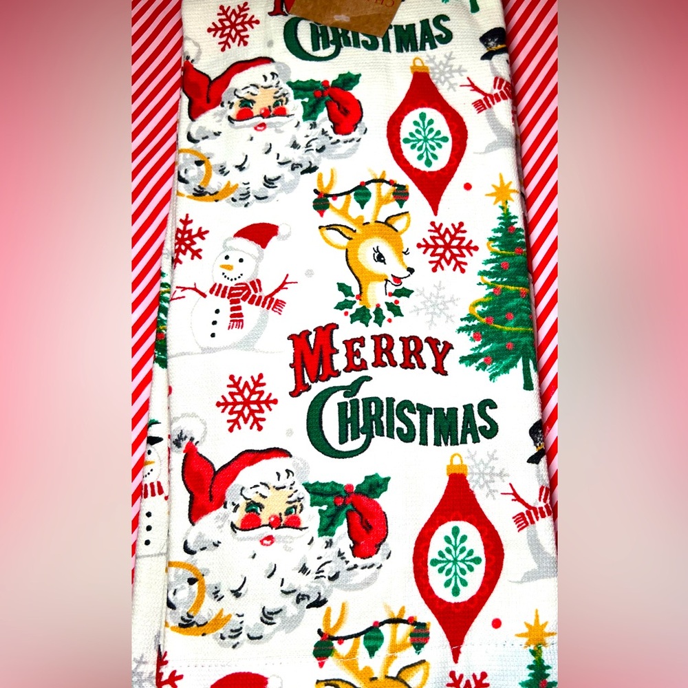 2 Christmas Vintage Images Kitchen Towels Santa Reindeer Ornaments Snowmen